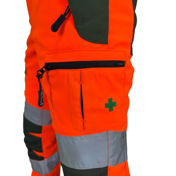 Pantalon anti-coupure HV tronçonneuse Classe 1 Type A haute visibilité Francital vue cote gauche zoomee