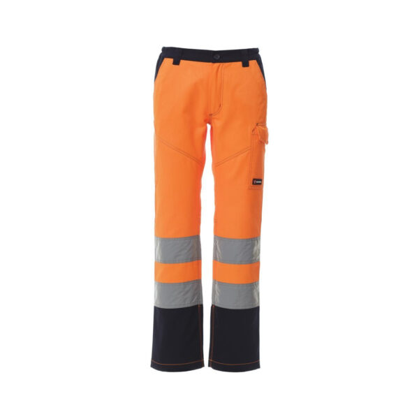 Pantalon de travail femme multi-saison haute visibilité Charter Lady Payper vue de face orange fluo / bleu marine